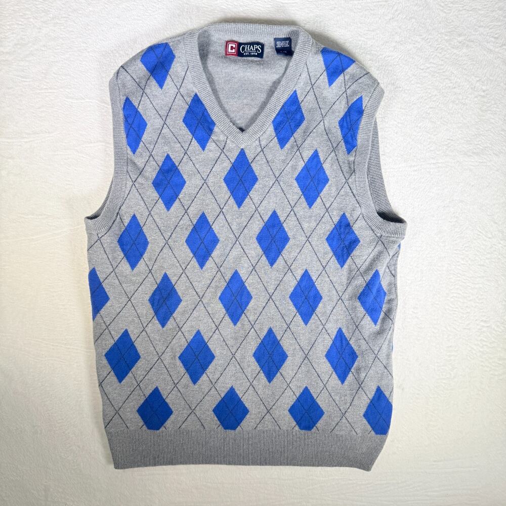 Vtg Chaps Mens Sz‎ Large Sweater Vest Gray Blue Preppy Academia Grandpacore Y2k